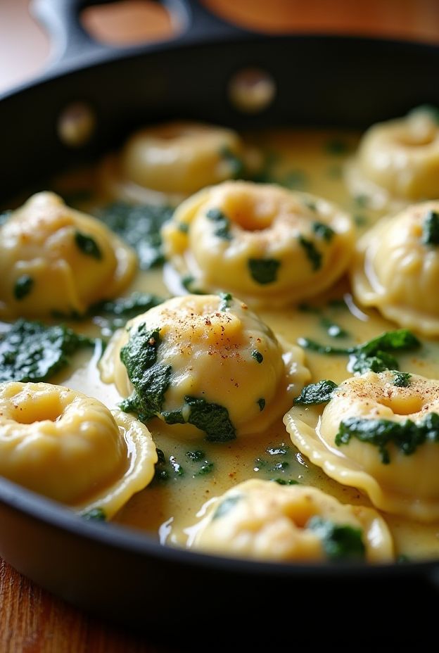 Creamy Spinach & Artichoke Tortellini served in a rich sauce, slow-cooked to perfection for a comforting meal.