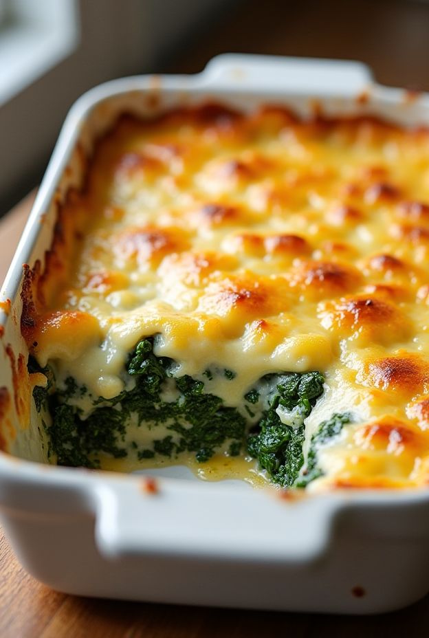 Creamy Spinach Au Gratin made in a crockpot with cheese and breadcrumb topping for a delicious side dish.