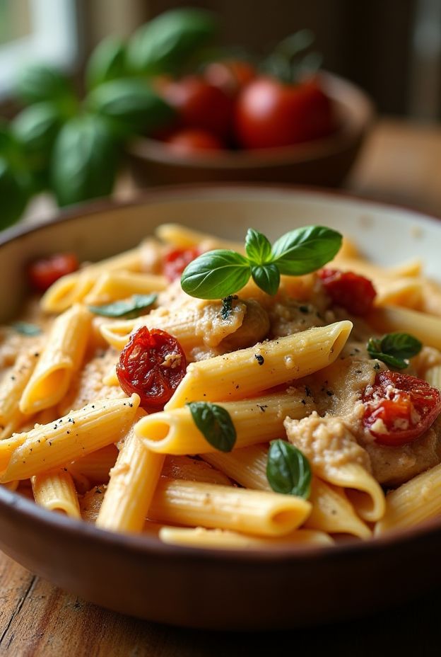 Creamy sun-dried tomato chicken pasta with penne pasta and fresh basil in a bowl.