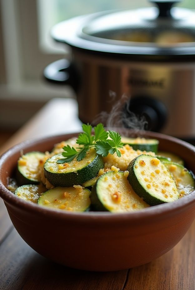 Crockpot Parmesan Herb Zucchini with garlic and Italian herbs, creamy side dish for healthy meals.