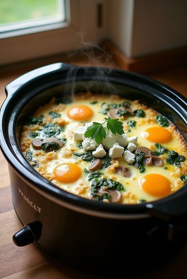 Try this protein-packed crockpot savory mushroom and feta egg bake for a healthy breakfast or brunch option.