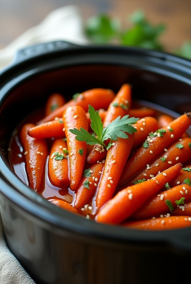 Crockpot Sweet Chili Glazed Carrots with vibrant color and glossy glaze, a perfect side dish for any meal.