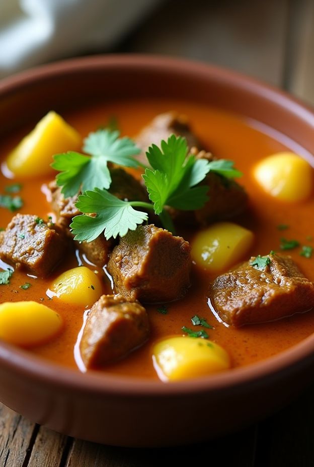 Hearty crockpot curry beef and potato stew with warm spices and fresh cilantro garnish.