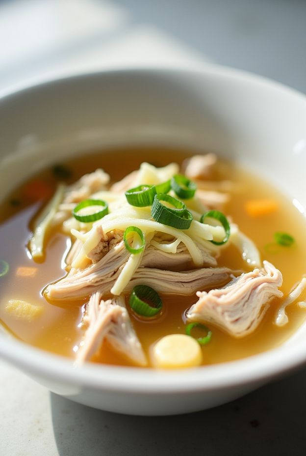 A warm bowl of Ginger Garlic Chicken & Cabbage Soup featuring shredded chicken, cabbage, and fresh ginger.