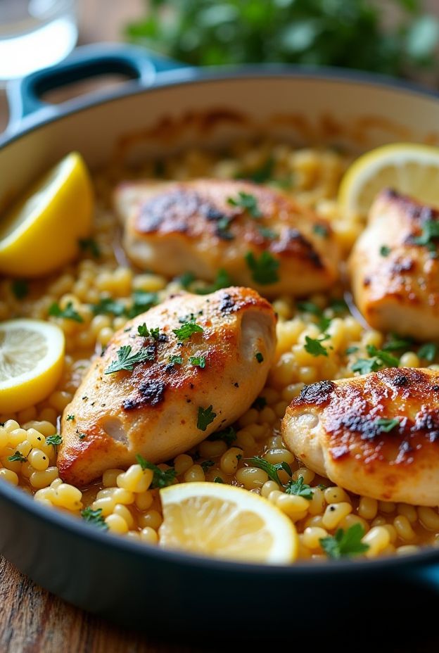 Crockpot Greek Orzo & Lemon Chicken with Mediterranean herbs and flavors for a healthy one-pot meal.
