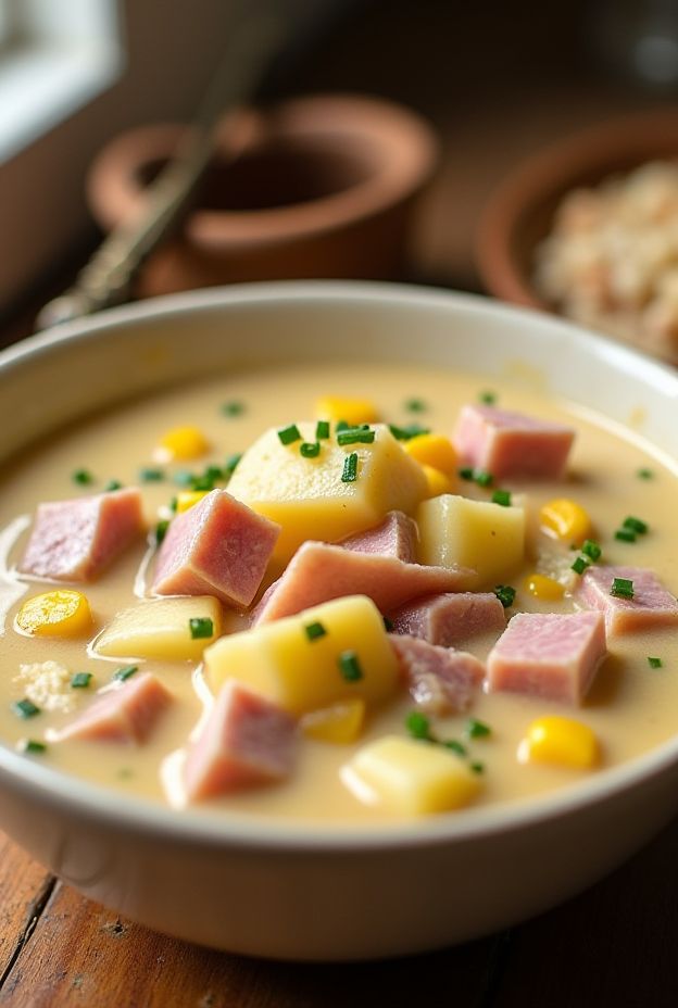Creamy ham and potato chowder in a bowl, featuring smoky ham, potatoes, and corn, perfect for cozy dinners.