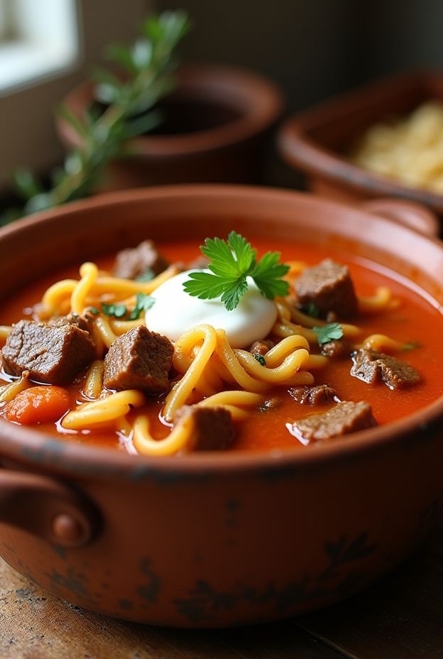 Crockpot Hungarian Goulash with tender beef chunks, paprika, and egg noodles served in a rustic bowl.