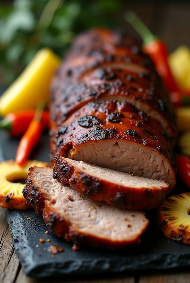A beautifully sliced Jamaican Jerk Pork Roast with vibrant spices and pineapple, perfect for slow cooking.