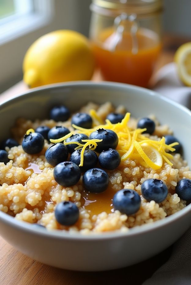 Nutritious Lemon Blueberry Quinoa Porridge topped with blueberries and lemon zest, perfect for a healthy breakfast.