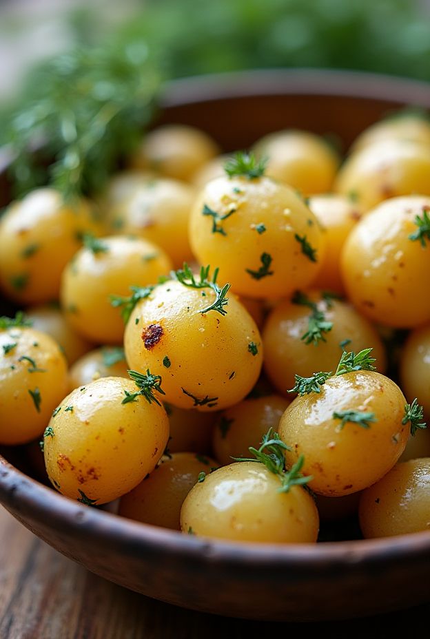 Crockpot Lemon Dill Baby Potatoes garnished with fresh dill, perfect for any meal, providing freshness with lemon flavor.