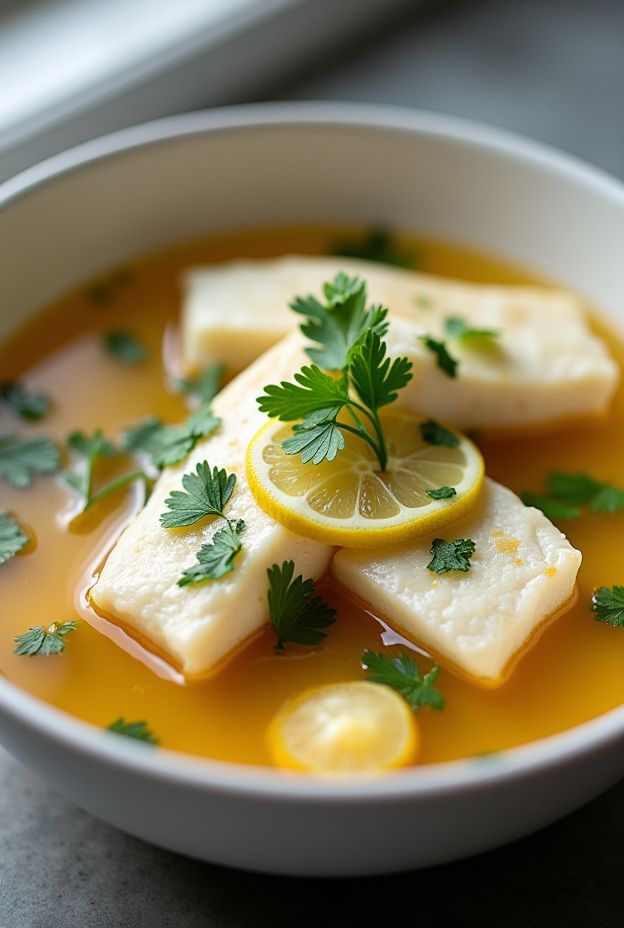 Lemon Ginger Cod Stew with fresh herbs and lemon slices in a bowl.