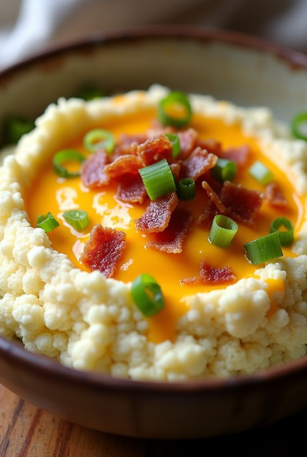 Creamy loaded cauliflower mash topped with cheese, chives, and bacon in a rustic bowl.