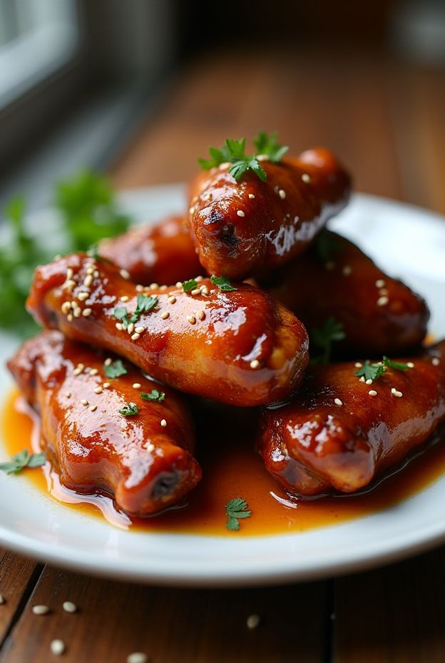 Sticky Maple Bourbon Chicken Wings piled on a plate, garnished with parsley and sesame seeds, perfect for gatherings and celebrations.