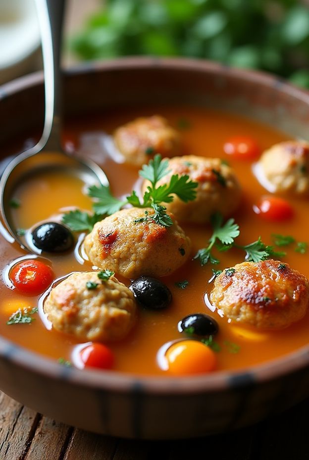 Mediterranean Turkey Meatball Soup with vibrant ingredients in a rustic bowl.
