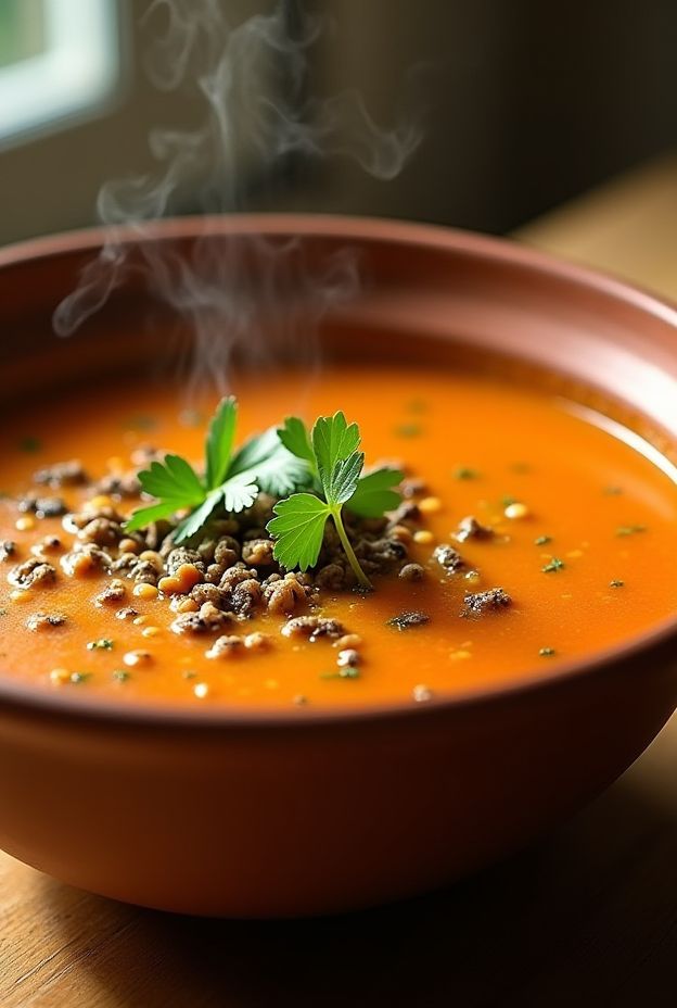 Delicious Moroccan Lentil & Carrot Soup with vibrant spices and fresh herbs in a warm bowl.