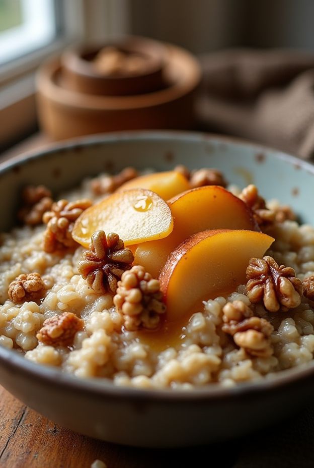 Nutty pear and walnut steel-cut oatmeal served in a bowl, showcasing delicious ingredients and warm textures.