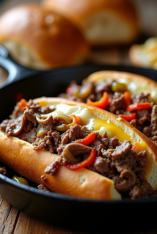 Slow cooker Philly cheesesteak sandwich filling with shredded beef, peppers, onions, and melted provolone in hoagie rolls.