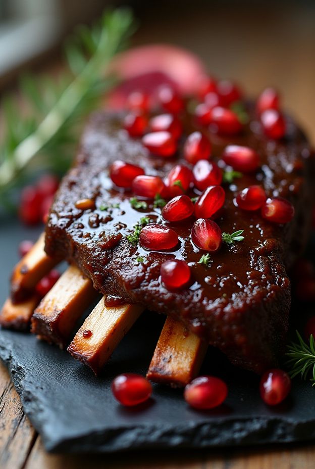 Delicious pomegranate molasses beef ribs cooked in a crockpot, garnished with fresh pomegranate seeds.