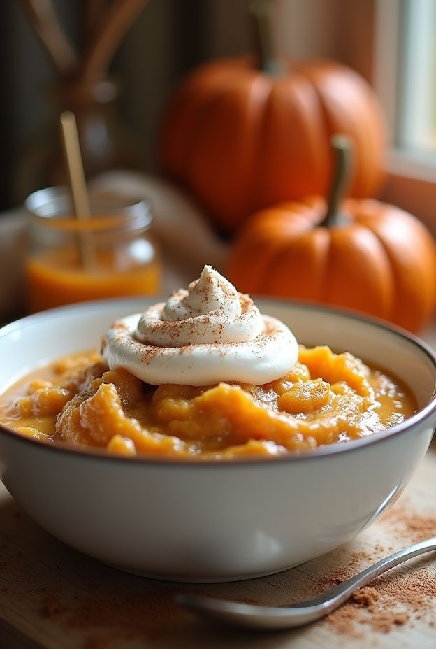 Warm and cozy pumpkin pie oatmeal in a bowl, topped with whipped cream, ready for a delicious autumn breakfast.