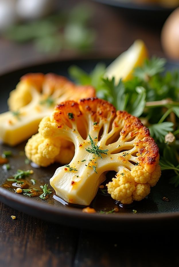 Deliciously roasted garlic cauliflower steaks, beautifully seasoned and served on a plate, perfect for a healthy meal.