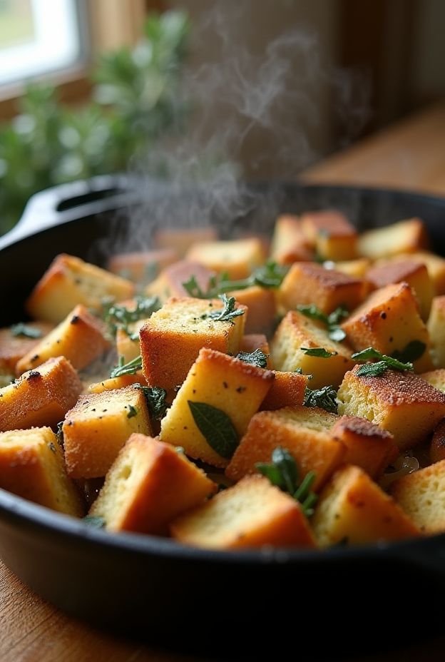 Rustic Herb Stuffing made in a crockpot with crusty bread, sage, and thyme, perfect for holidays.