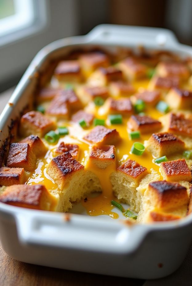 Crockpot Savory Breakfast Bread Pudding with ham, cheddar, and scallions, perfect for brunch.