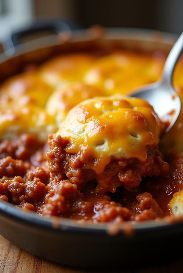 Crockpot Sloppy Joe Casserole topped with melted cheese and biscuit dough, a hearty comfort food.