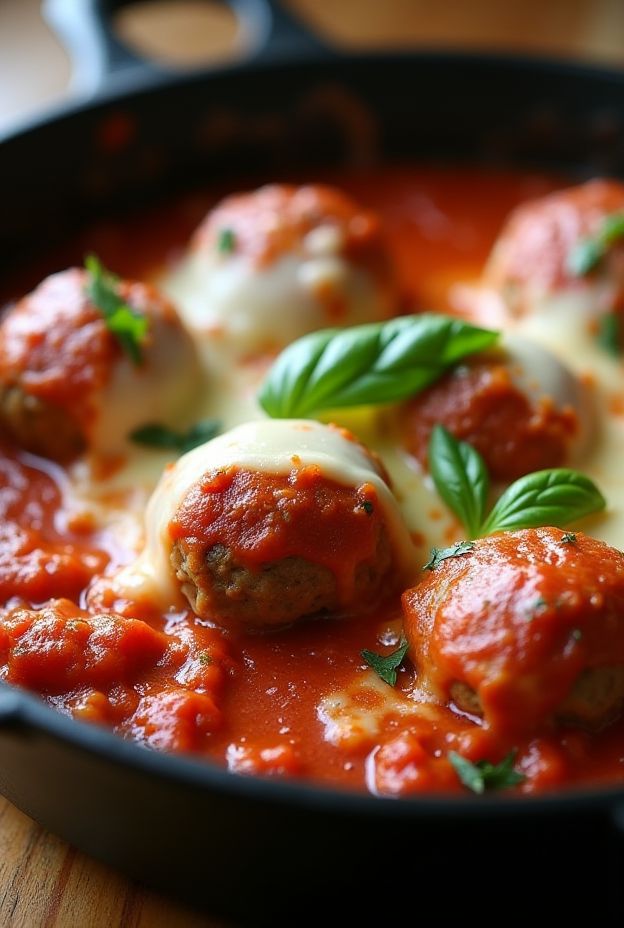 Juicy meatballs baked in marinara sauce and topped with melted cheese, served in a slow cooker.