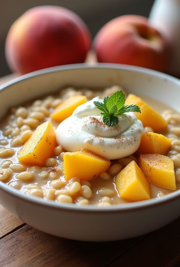 A bowl of creamy slow cooker peaches and cream oatmeal topped with fresh peach slices and a dollop of cream.