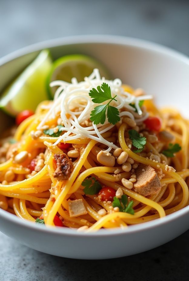 Crockpot Spaghetti Squash Pad Thai with Tofu and Vegetables, Fresh Lime, and Garnished with Peanuts.