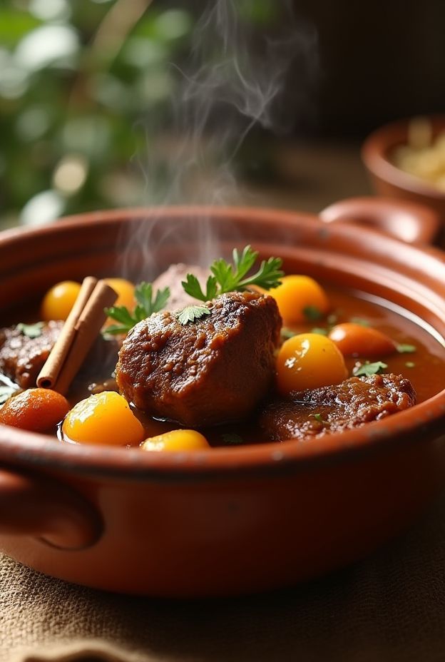 A warm bowl of Spiced Lamb & Apricot Tagine with aromatic spices and tender lamb.