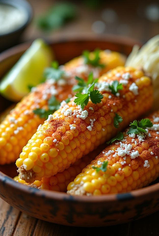 Delicious spicy Mexican street corn with cotija cheese, chili powder, and lime served in a bowl.