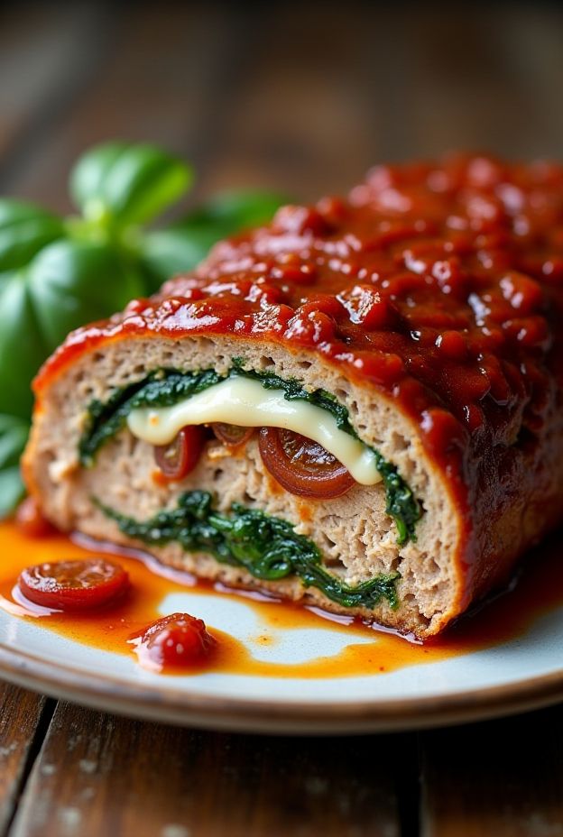 Slow-cooked stuffed turkey meatloaf topped with tomato sauce and filled with spinach and mozzarella cheese.