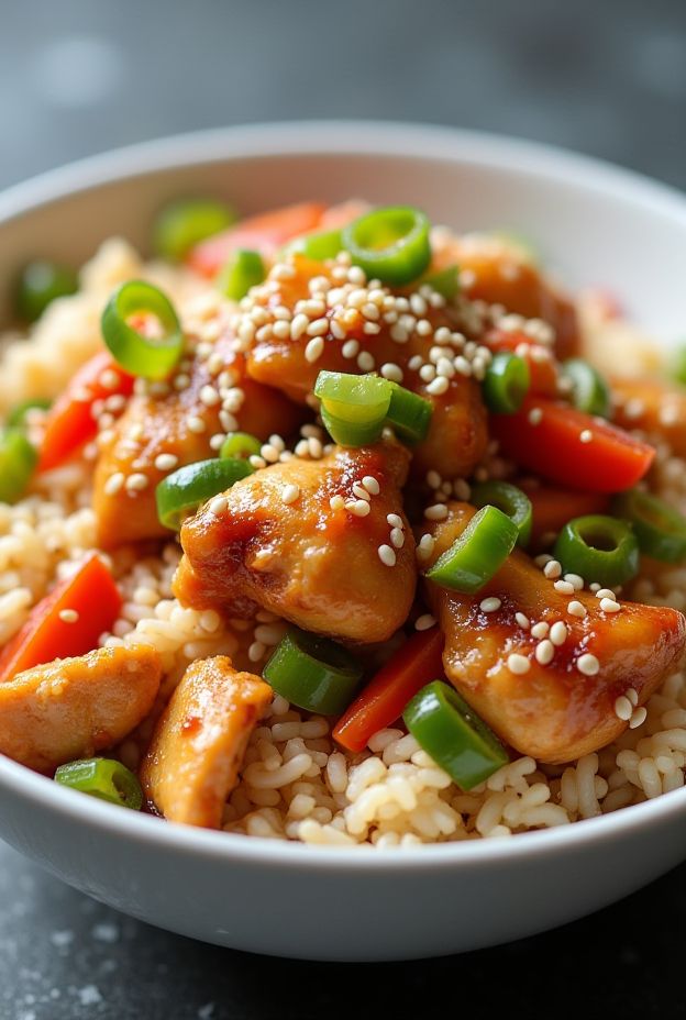Crockpot Teriyaki Chicken Fried Rice with vibrant veggies and chicken in a bowl.