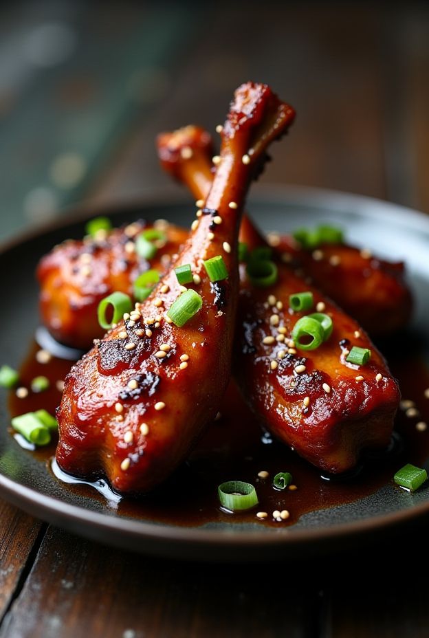 Slow-cooked teriyaki duck legs glazed with sweet-savory sauce, garnished with sesame seeds and green onions.