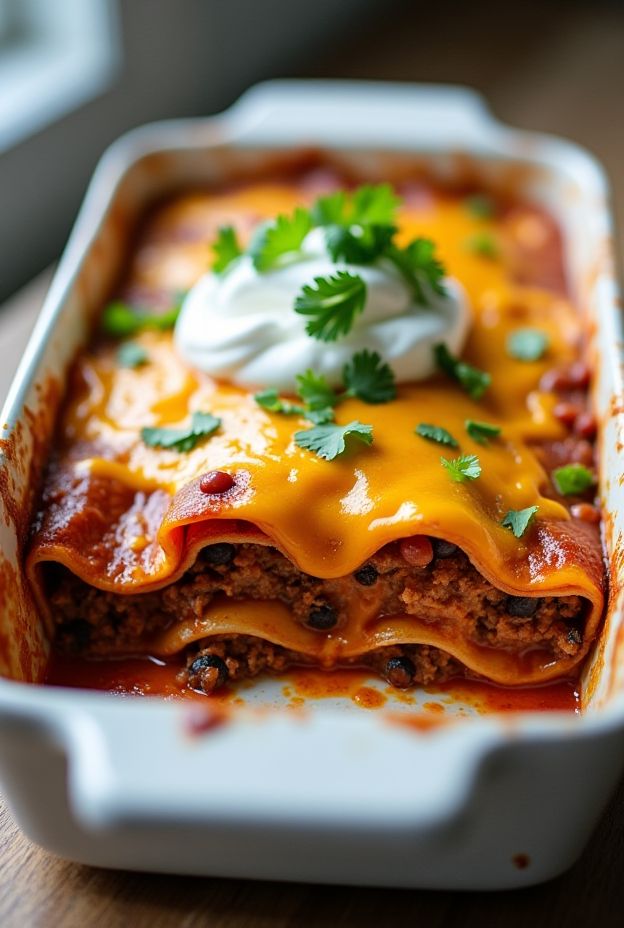 Layered Tex-Mex Beef Enchilada Casserole in a white baking dish, topped with cheese and cilantro.