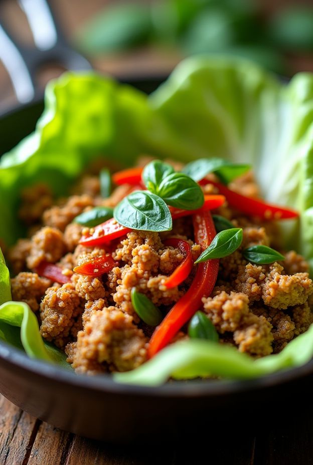 Healthy Thai Basil Chicken Lettuce Wraps with ground chicken, fresh herbs, and spices served in crisp lettuce cups.