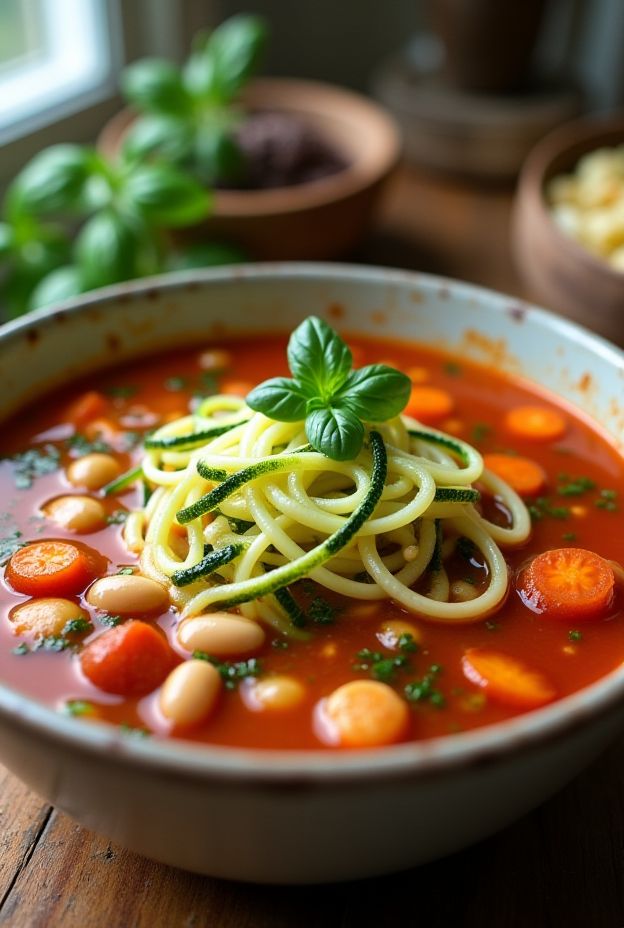 Zucchini Noodle Minestrone Soup with fresh vegetables and spiralized zucchini in a warm bowl.