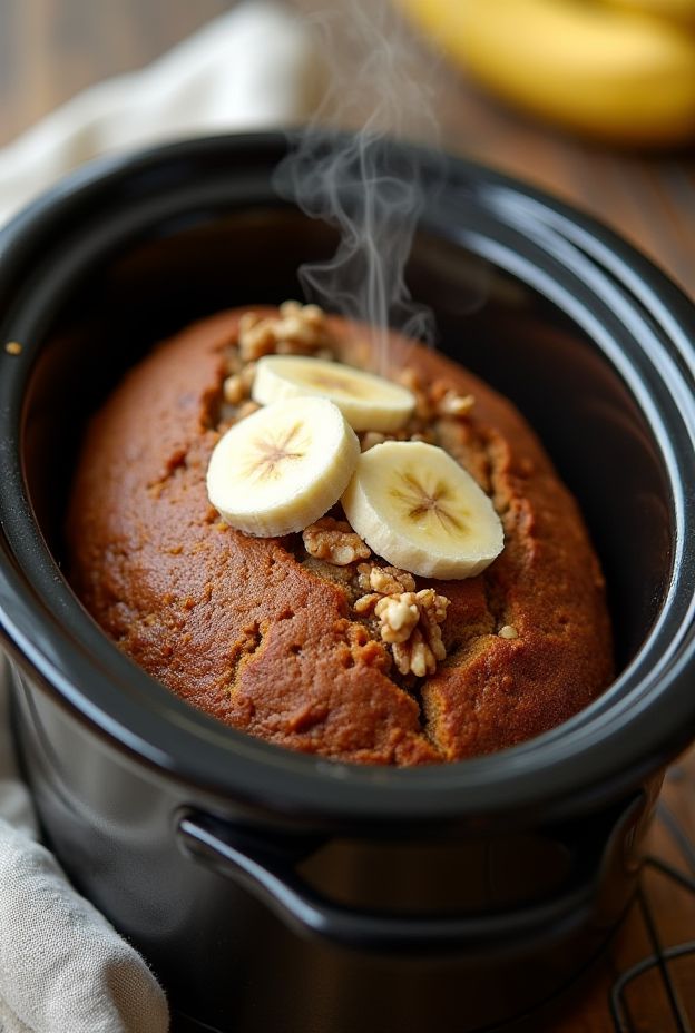 Moist and flavorful Banana Nut Breakfast Bread cooked in a slow cooker with walnuts and topped with banana slices.