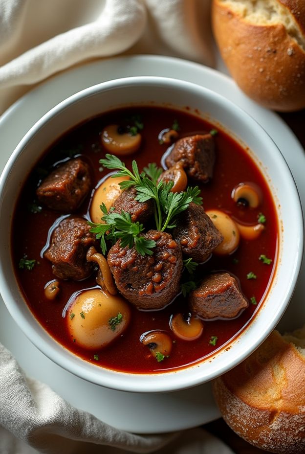 Rich and hearty Slow-Cooked Beef & Mushroom Bourguignon with tender beef and earthy flavors in a rustic bowl.