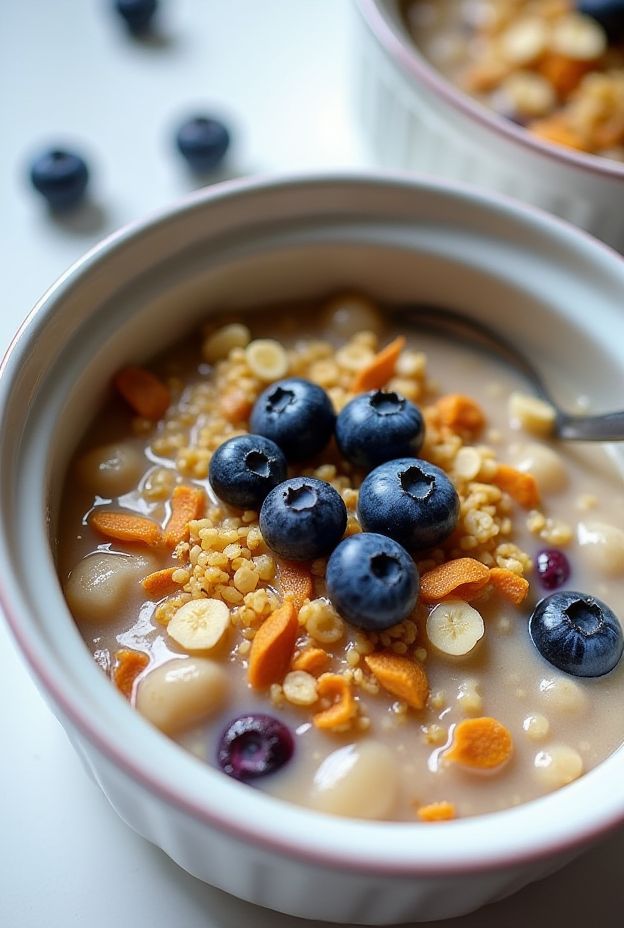 A creamy bowl of blueberry almond quinoa oatmeal topped with fresh blueberries and sliced almonds.