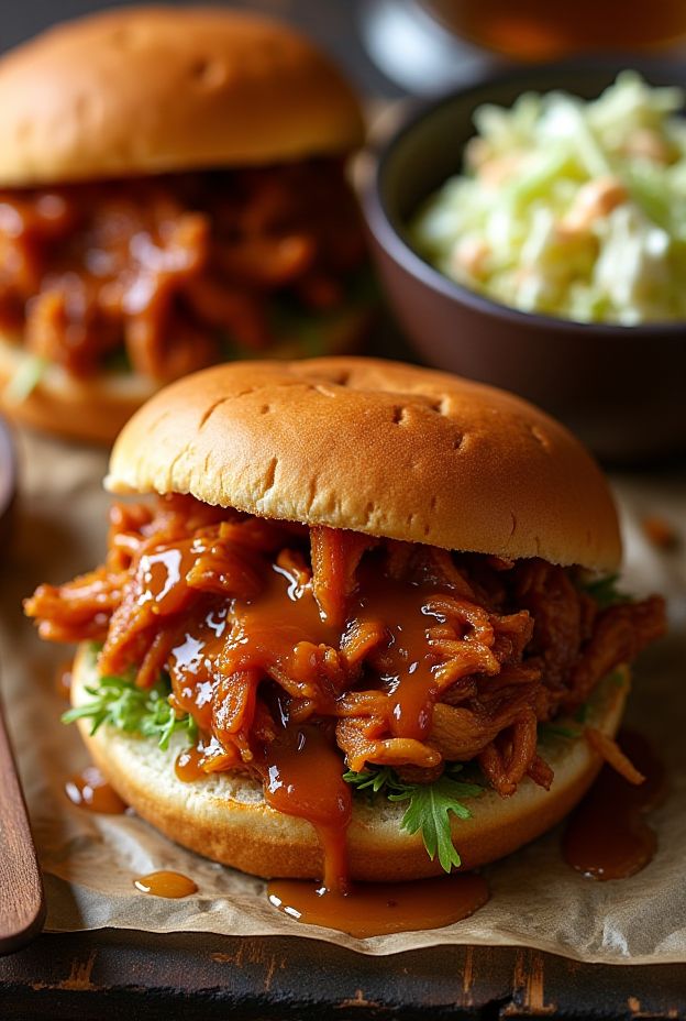 Bourbon Honey Pulled Chicken Sandwiches served with coleslaw for a sweet-savory meal.