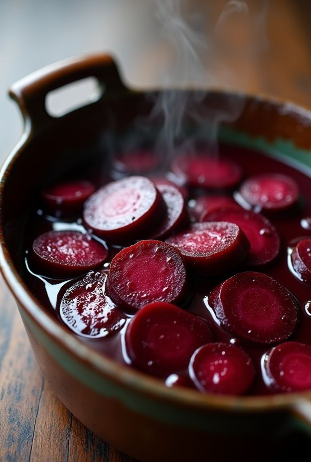 Crockpot Brown Sugar Glazed Beets in a ceramic dish with steam rising, showing vibrant red beet slices coated in glaze.