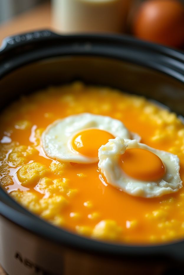 Creamy Cheesy Polenta with eggs slow-cooked for a comforting breakfast.