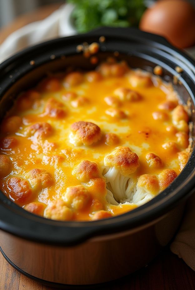 A cheesy cauliflower casserole topped with melted cheddar cheese served in a crockpot.