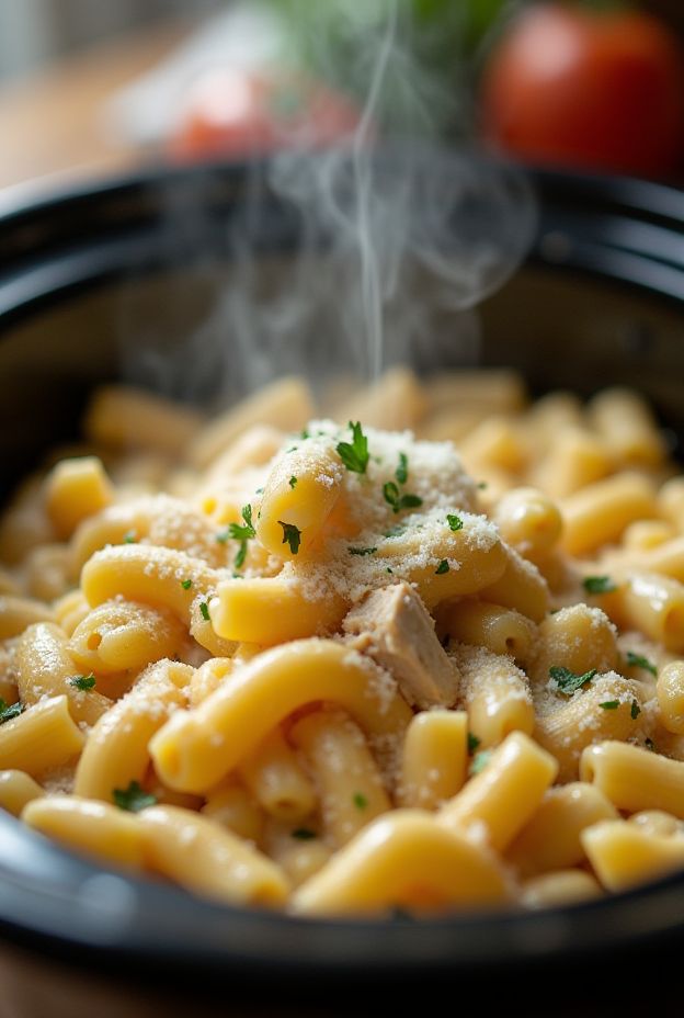 Creamy Chicken Alfredo Macaroni prepared in a slow cooker for a hearty meal with delicious flavors.