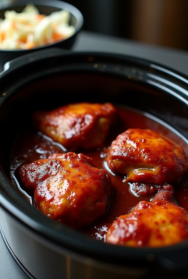 Tender spicy chipotle BBQ chicken thighs cooked in a crockpot with tangy sauce, ideal for delicious meals.