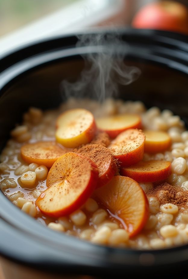 A warm bowl of creamy cinnamon apple steel-cut oats prepared in a crockpot, garnished with apple slices and cinnamon.