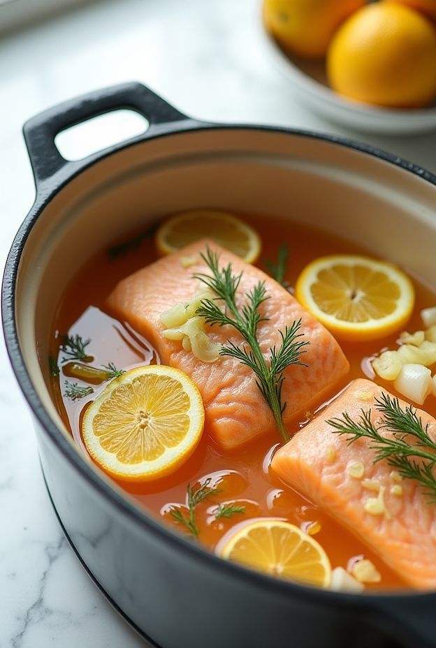 Crockpot Citrus Salmon with Fennel: A healthy dish with poached salmon in orange-lemon broth, featured with fennel and dill.