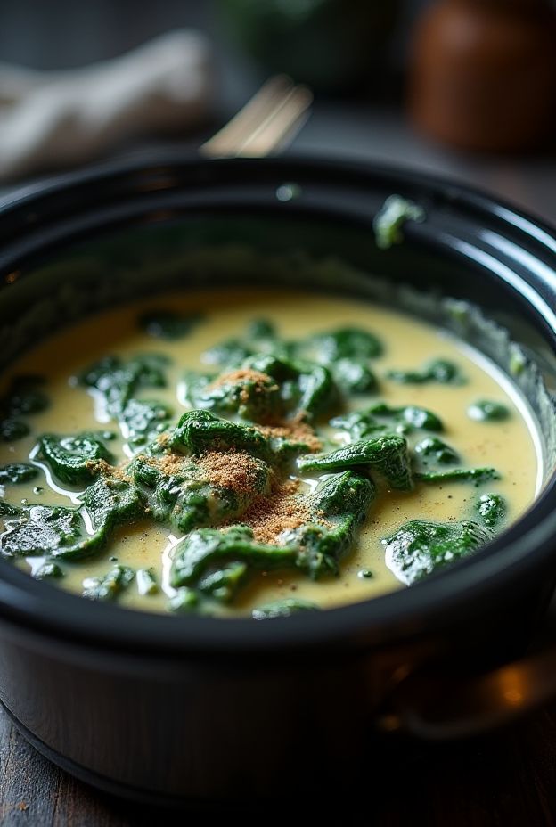 Creamed Spinach with Nutmeg in a crockpot, showcasing a velvety green dish perfect for side cravings.